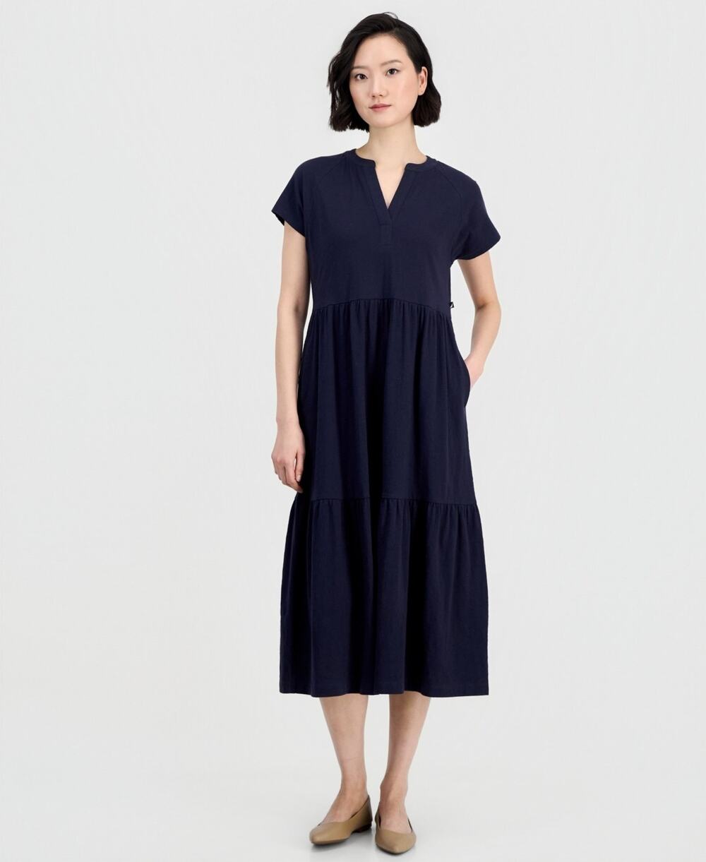 Nautica Women's Cotton Tiered Midi Dress Navy Size L 3005